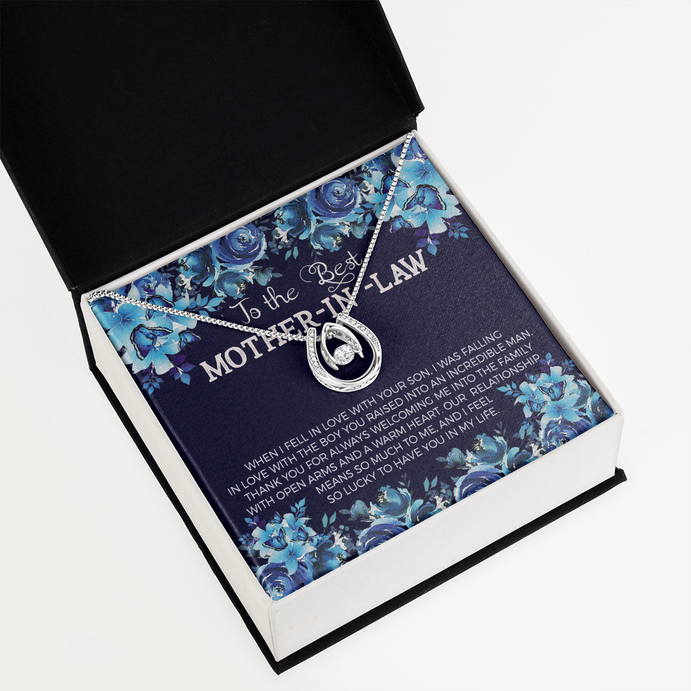 To Best Mother-in -Law Lucky Horseshoe Necklace Message Card 14k w CZ Crystals-Express Your Love Gifts