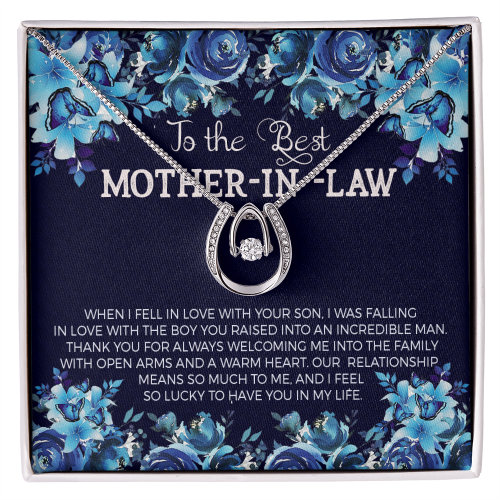 To Best Mother-in -Law Lucky Horseshoe Necklace Message Card 14k w CZ Crystals-Express Your Love Gifts