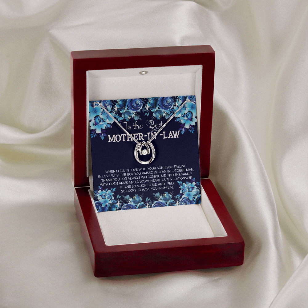 To Best Mother-in -Law Lucky Horseshoe Necklace Message Card 14k w CZ Crystals-Express Your Love Gifts