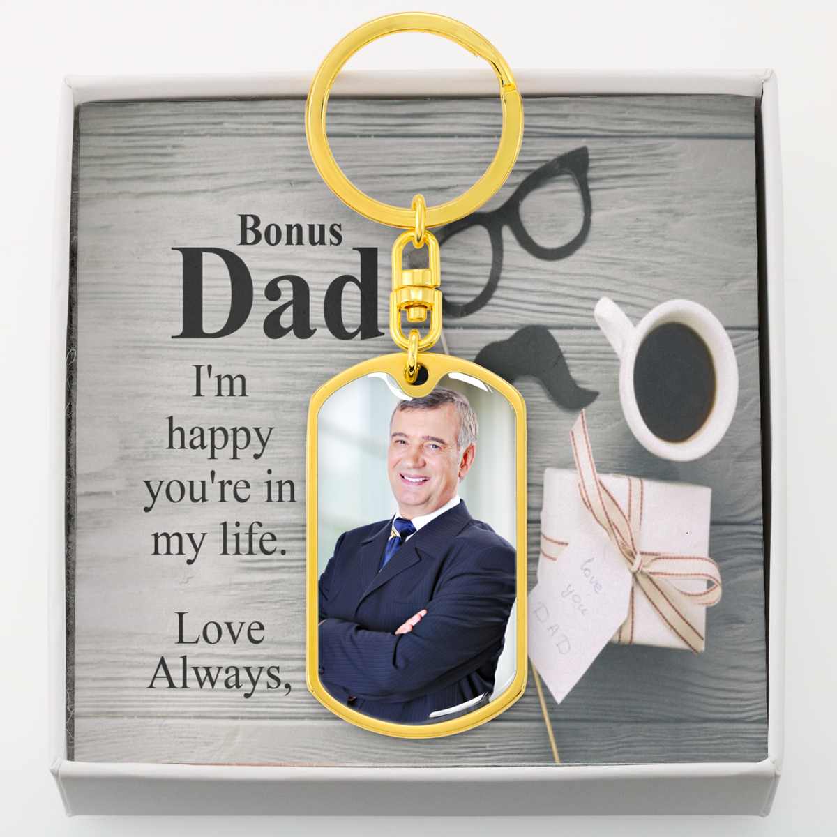To Bonus Dad Personalized A Special Step-Dad Message Dog Tag Pendant Keychain Stainless Steel or 18k Gold-Express Your Love Gifts