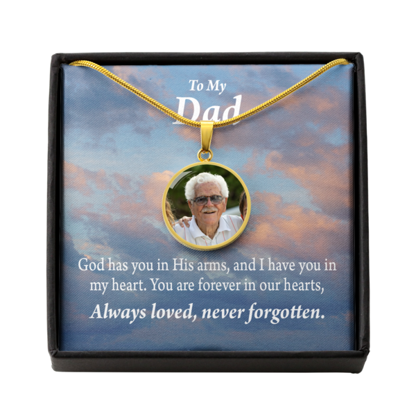 To Dad Personalized Memorial Remembrance You're Never Forgotten Stainless Steel or 18k Gold Circle Pendant 18-22"-Express Your Love Gifts