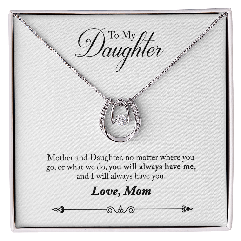 To Daughter from Mom Always have Me Lucky Horseshoe Necklace Message Card 14k w CZ Crystals-Express Your Love Gifts