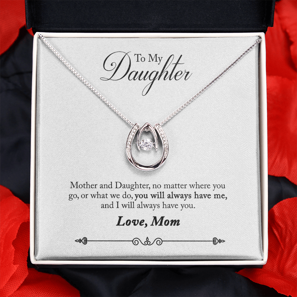 To Daughter from Mom Always have Me Lucky Horseshoe Necklace Message Card 14k w CZ Crystals-Express Your Love Gifts