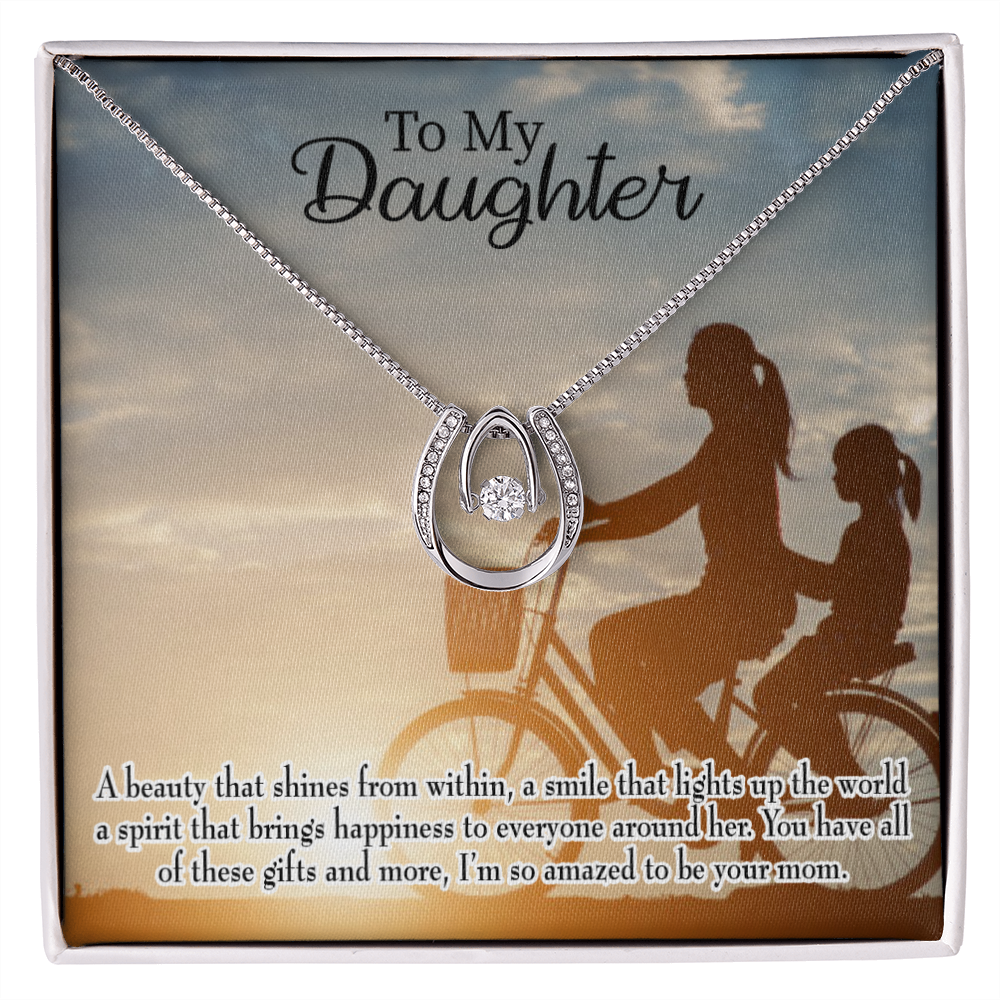 To Daughter from Mom Amazed Lucky Horseshoe Necklace Message Card 14k w CZ Crystals-Express Your Love Gifts