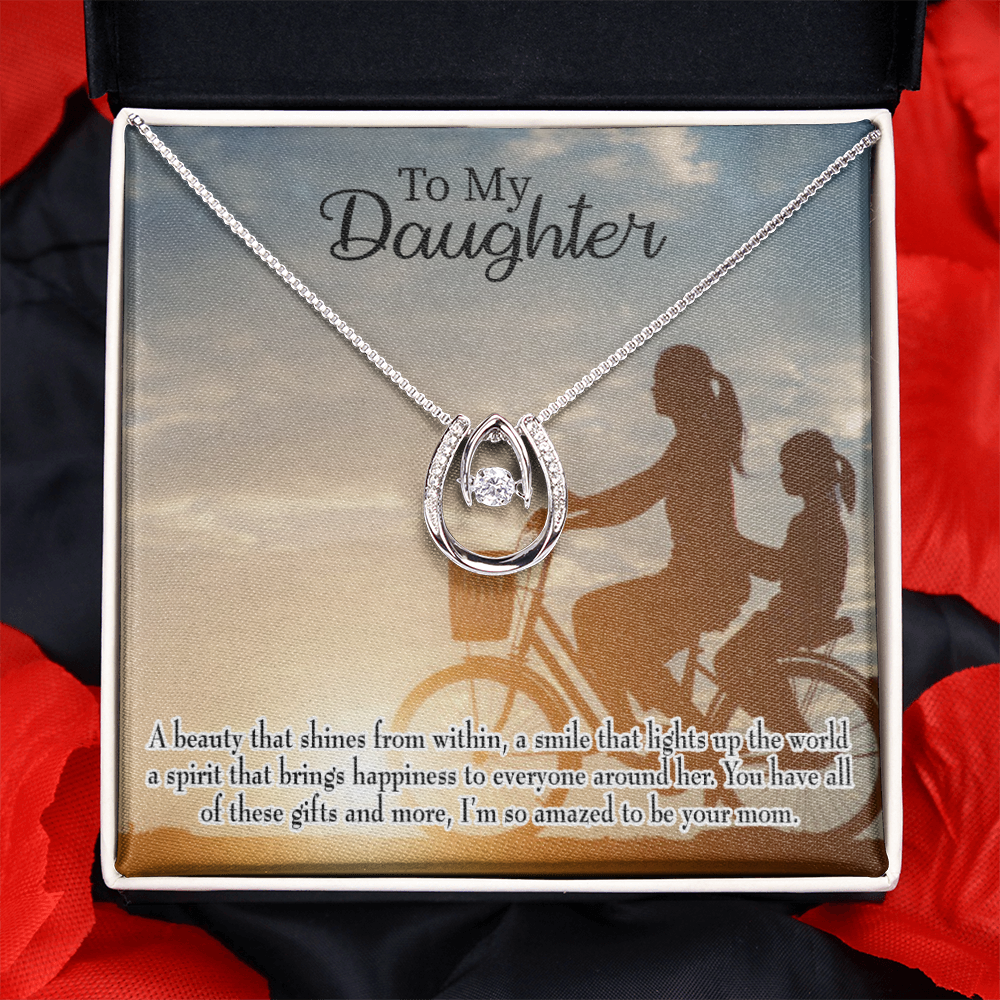 To Daughter from Mom Amazed Lucky Horseshoe Necklace Message Card 14k w CZ Crystals-Express Your Love Gifts