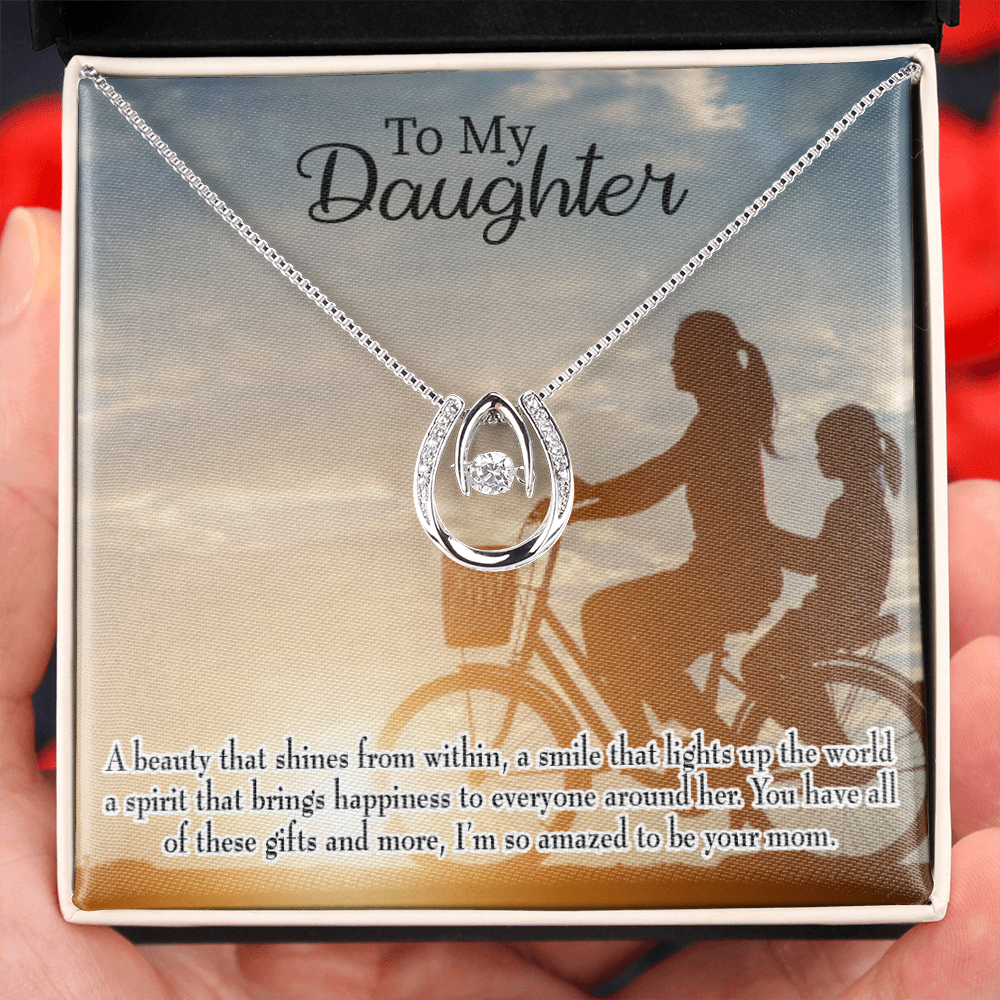 To Daughter from Mom Amazed Lucky Horseshoe Necklace Message Card 14k w CZ Crystals-Express Your Love Gifts