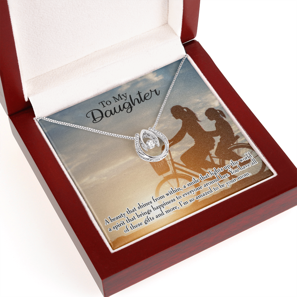 To Daughter from Mom Amazed Lucky Horseshoe Necklace Message Card 14k w CZ Crystals-Express Your Love Gifts