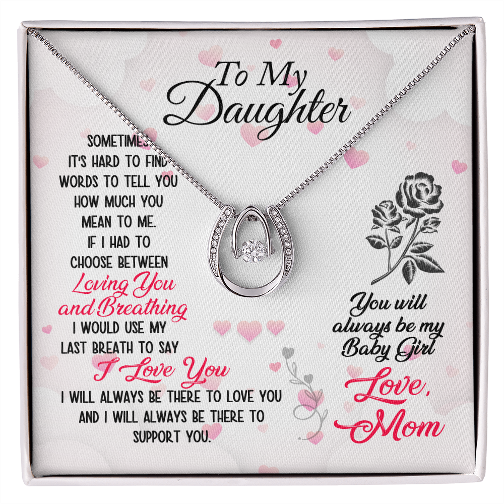 To Daughter From Mom Loving and Breathing Lucky Horseshoe Necklace Message Card 14k w CZ Crystals-Express Your Love Gifts