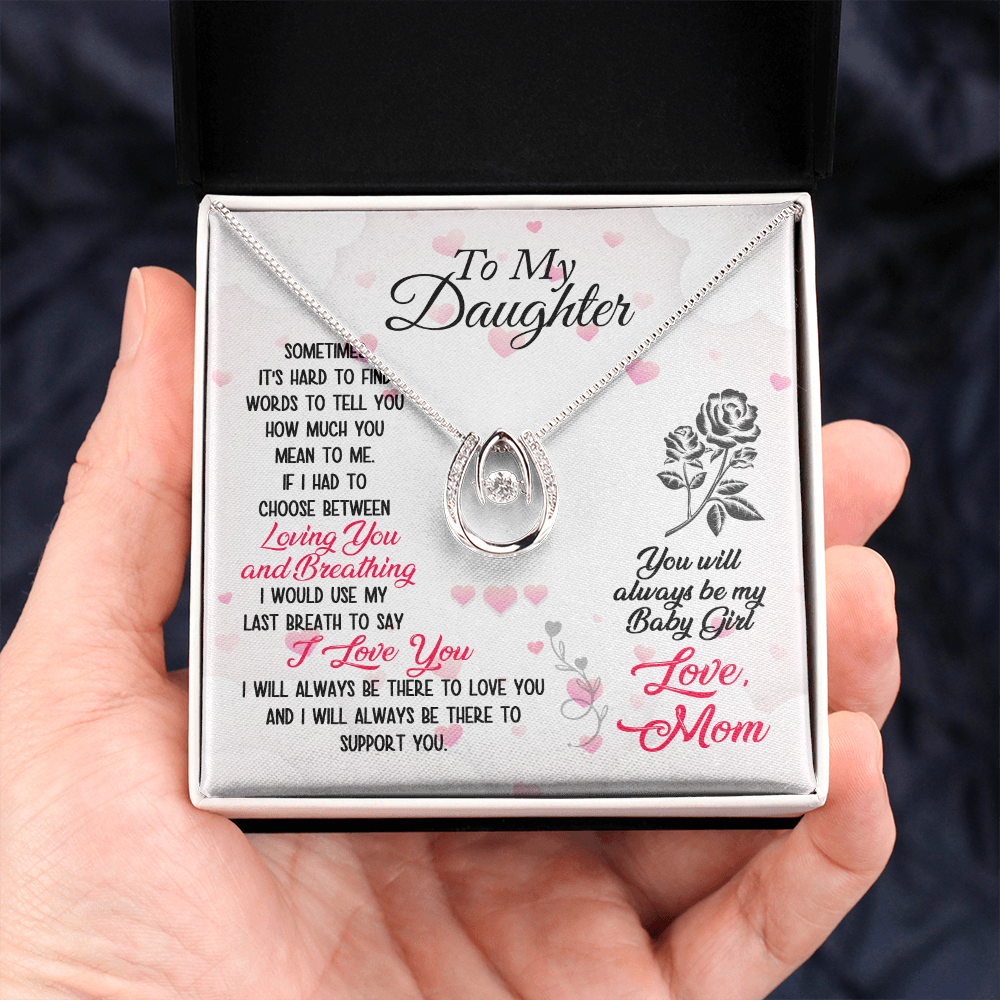 To Daughter From Mom Loving and Breathing Lucky Horseshoe Necklace Message Card 14k w CZ Crystals-Express Your Love Gifts