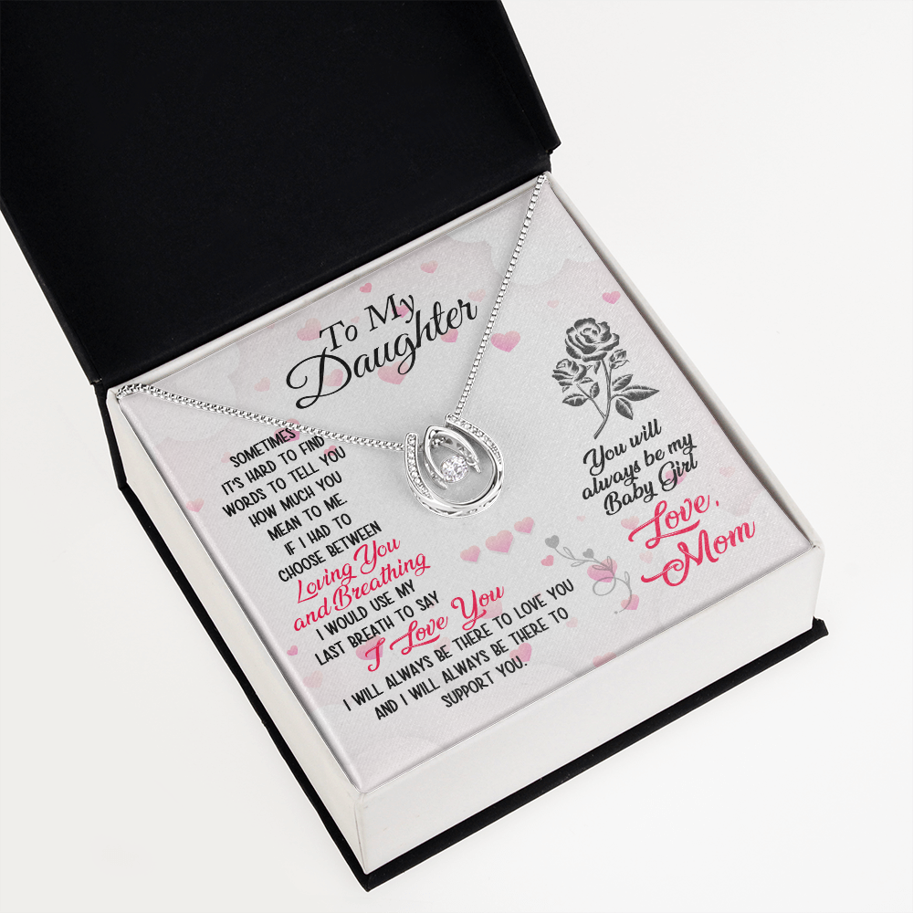 To Daughter From Mom Loving and Breathing Lucky Horseshoe Necklace Message Card 14k w CZ Crystals-Express Your Love Gifts