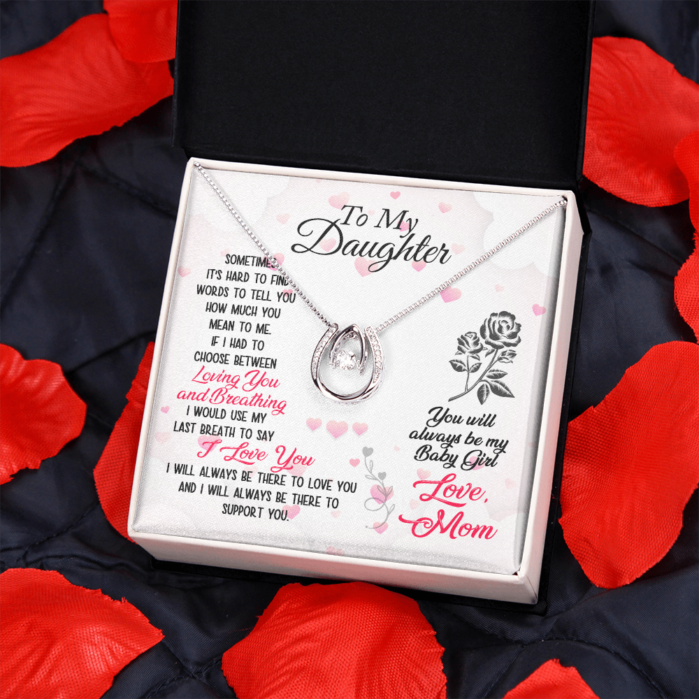 To Daughter From Mom Loving and Breathing Lucky Horseshoe Necklace Message Card 14k w CZ Crystals-Express Your Love Gifts