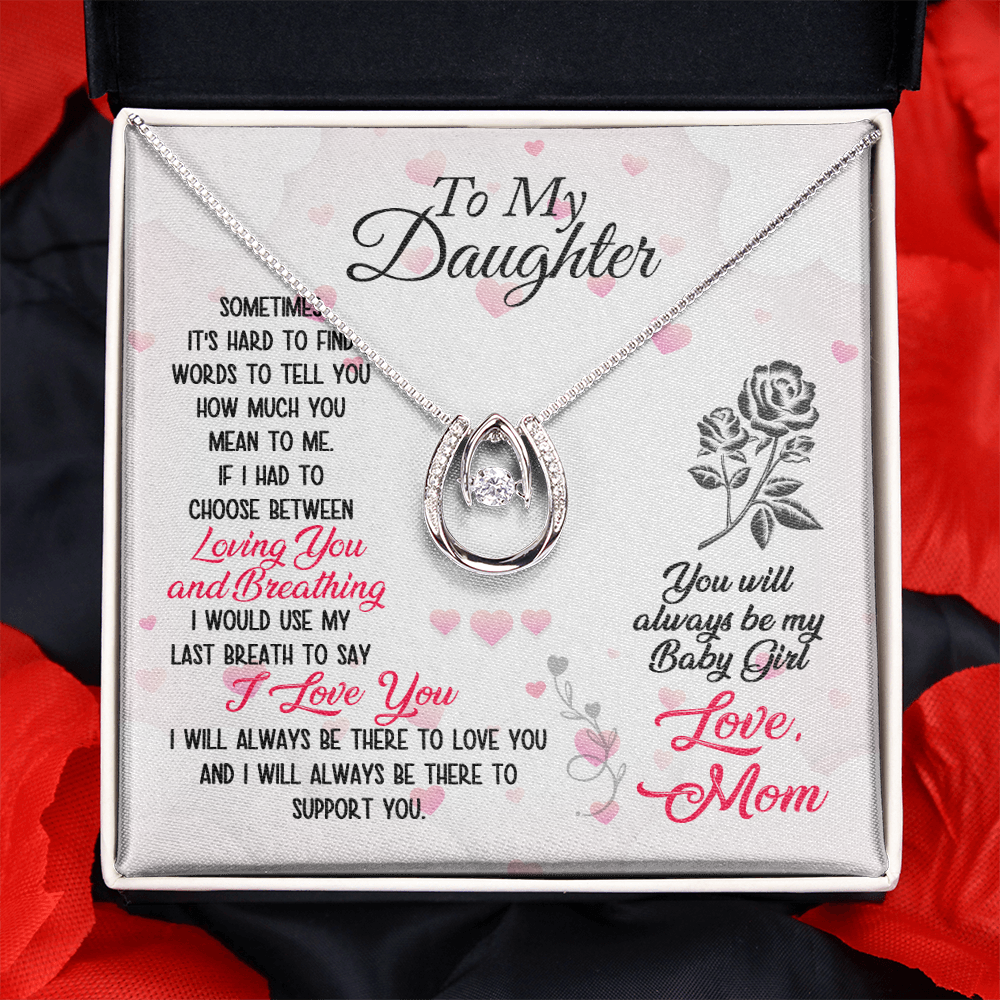 To Daughter From Mom Loving and Breathing Lucky Horseshoe Necklace Message Card 14k w CZ Crystals-Express Your Love Gifts