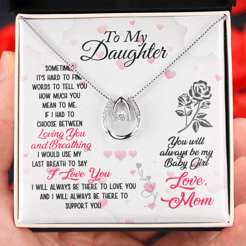 To Daughter From Mom Loving and Breathing Lucky Horseshoe Necklace Message Card 14k w CZ Crystals-Express Your Love Gifts