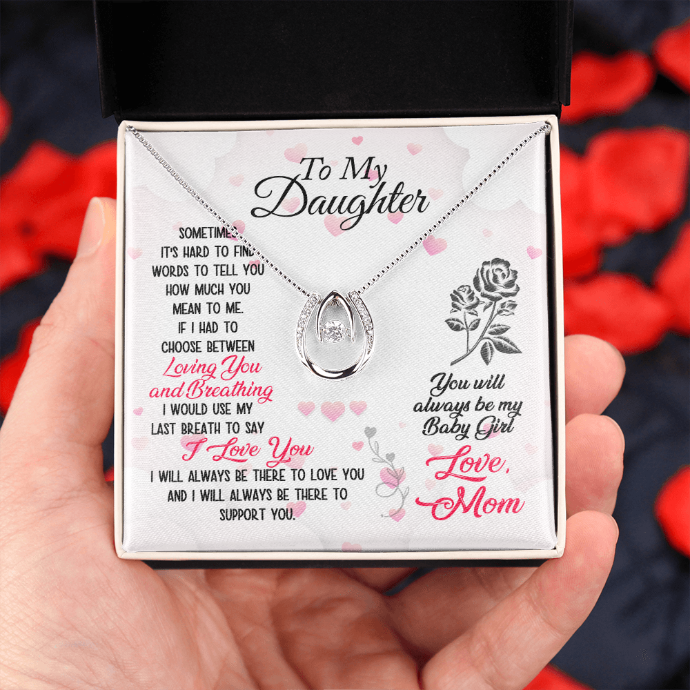 To Daughter From Mom Loving and Breathing Lucky Horseshoe Necklace Message Card 14k w CZ Crystals-Express Your Love Gifts