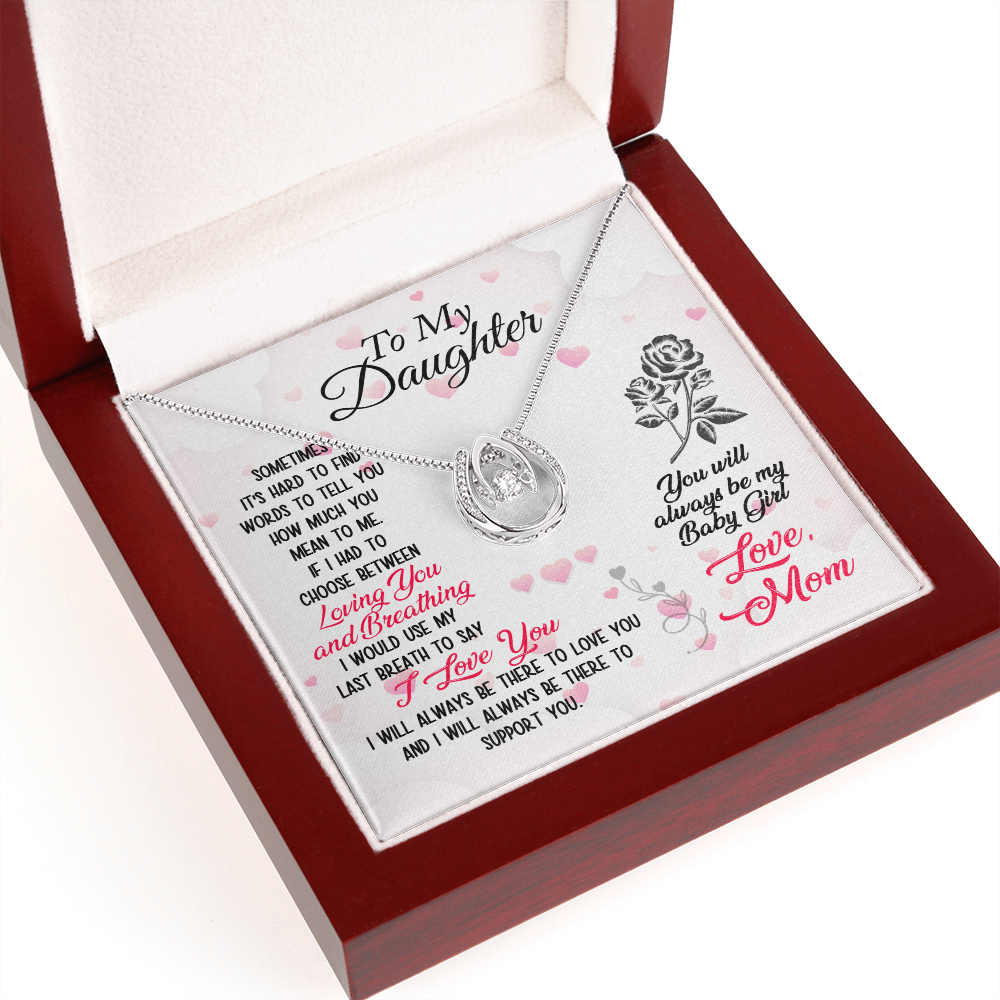 To Daughter From Mom Loving and Breathing Lucky Horseshoe Necklace Message Card 14k w CZ Crystals-Express Your Love Gifts