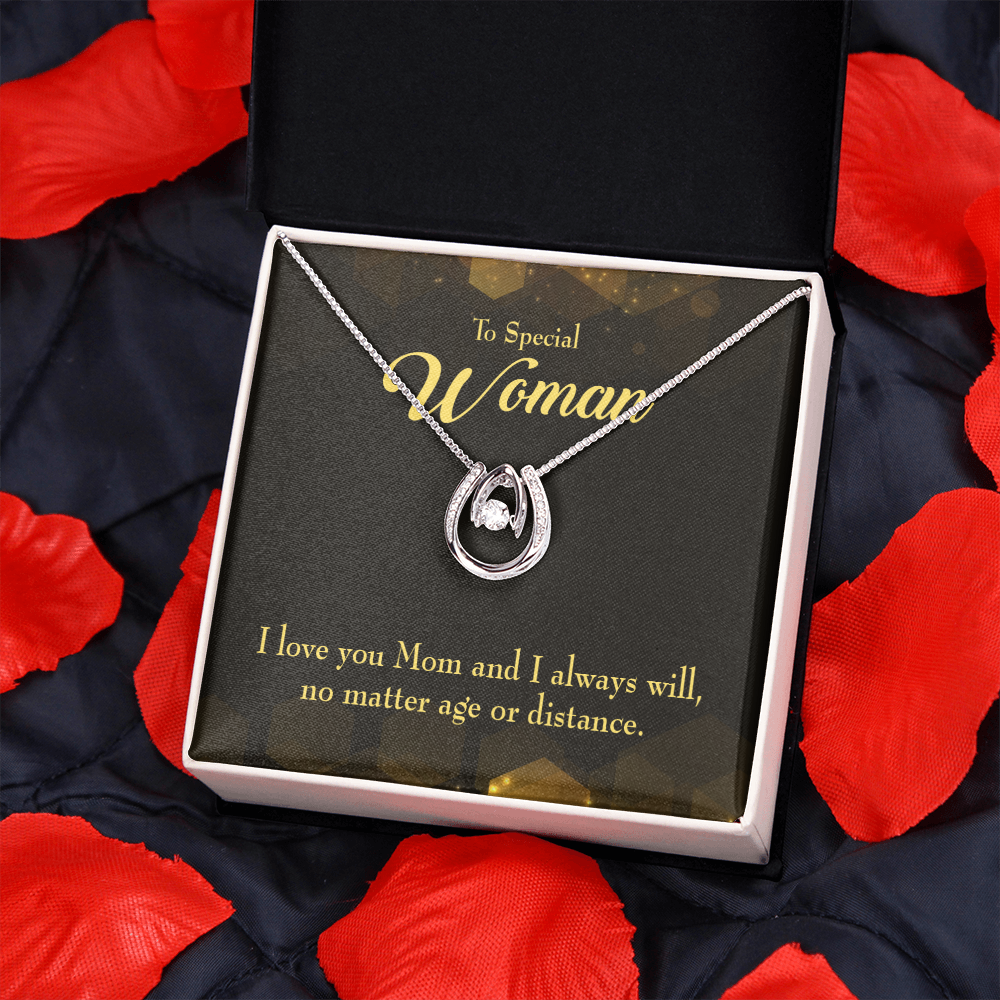 To Mom Age or Distance Lucky Horseshoe Necklace Message Card 14k w CZ Crystals-Express Your Love Gifts