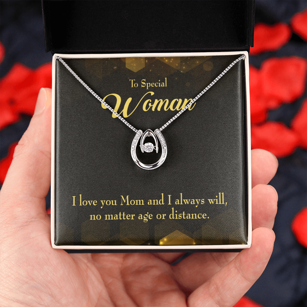 To Mom Age or Distance Lucky Horseshoe Necklace Message Card 14k w CZ Crystals-Express Your Love Gifts