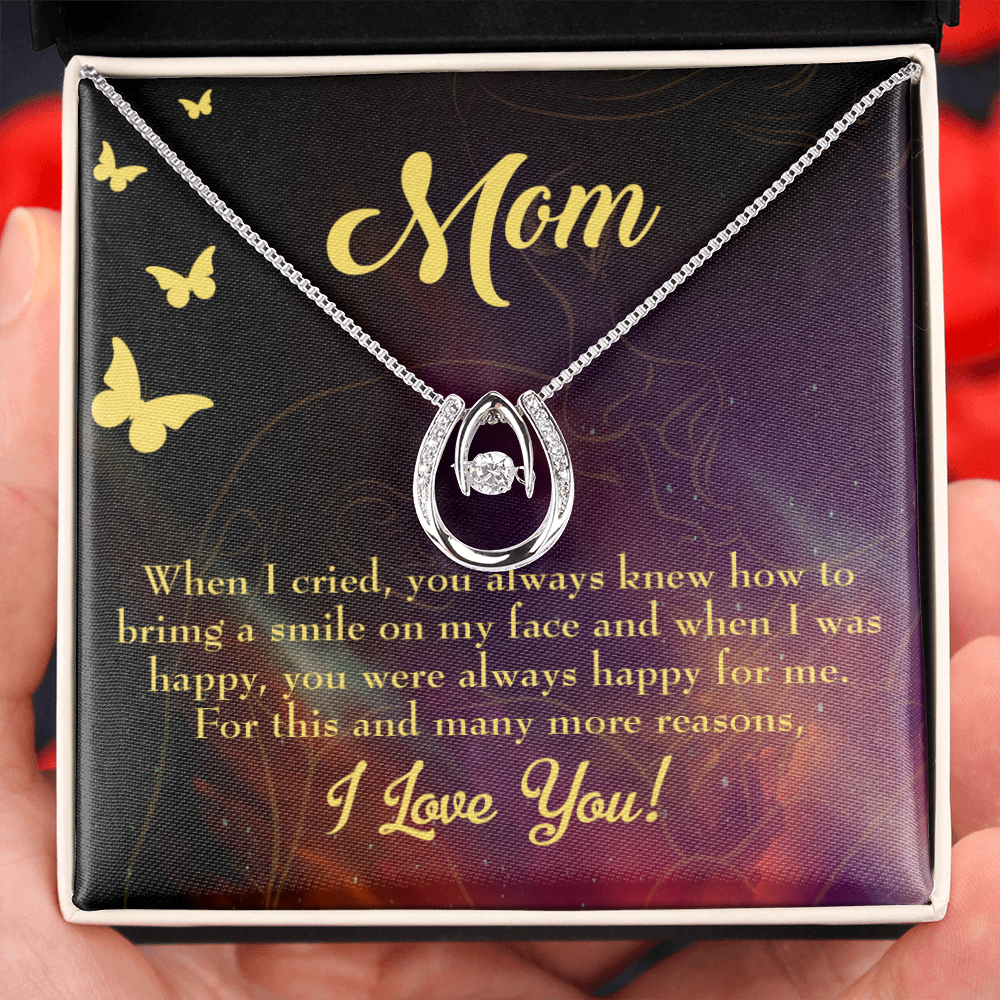 To Mom Always Happy for Me Lucky Horseshoe Necklace Message Card 14k w CZ Crystals-Express Your Love Gifts