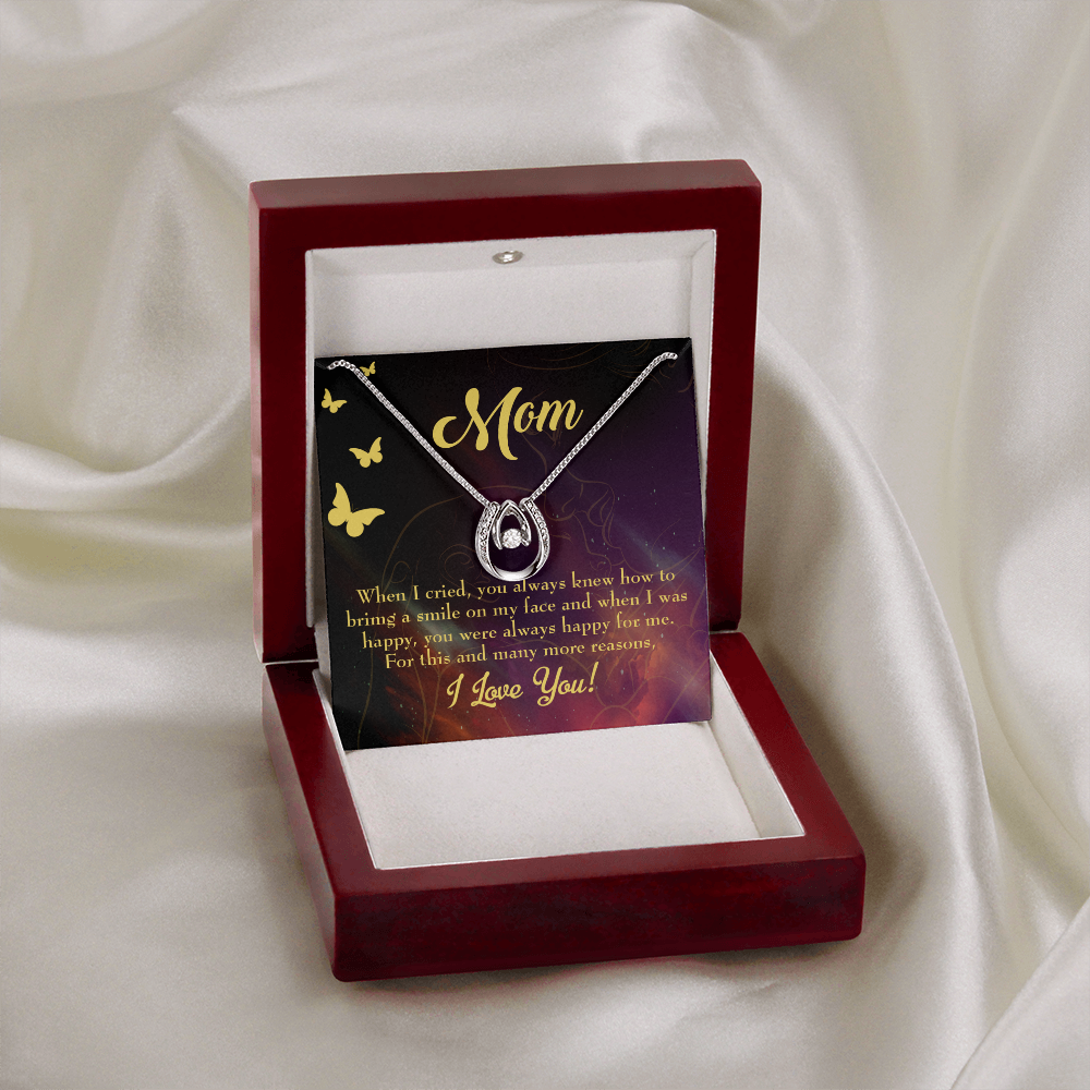 To Mom Always Happy for Me Lucky Horseshoe Necklace Message Card 14k w CZ Crystals-Express Your Love Gifts