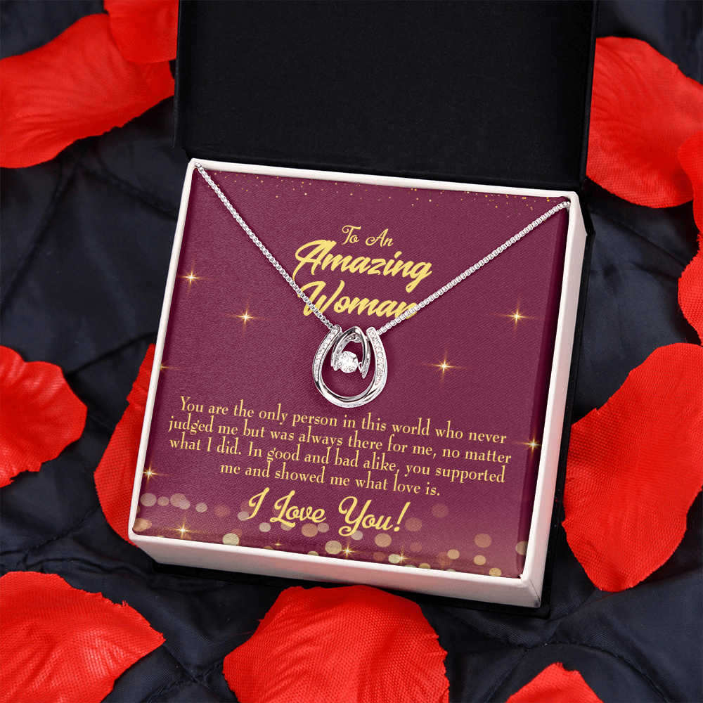 To Mom Always There Lucky Horseshoe Necklace Message Card 14k w CZ Crystals-Express Your Love Gifts