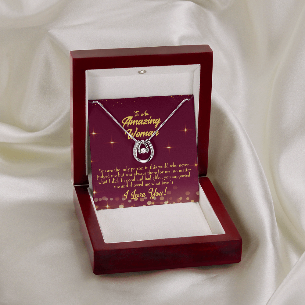 To Mom Always There Lucky Horseshoe Necklace Message Card 14k w CZ Crystals-Express Your Love Gifts