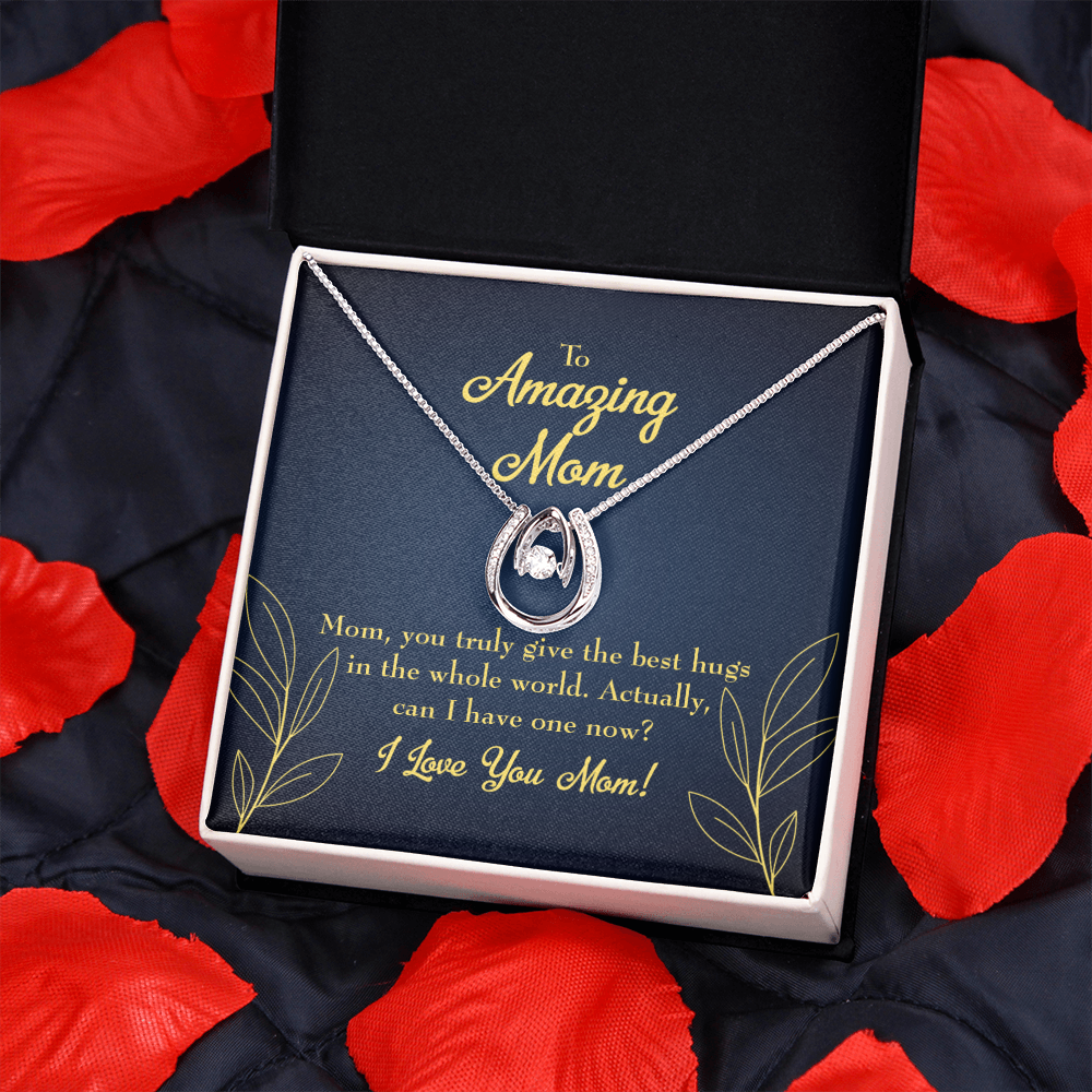 To Mom Best Hugs Lucky Horseshoe Necklace Message Card 14k w CZ Crystals-Express Your Love Gifts