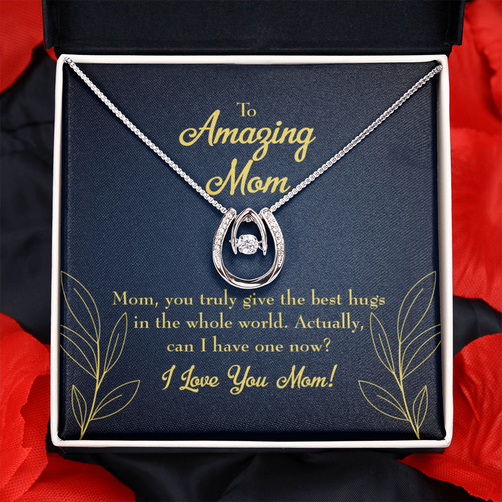 To Mom Best Hugs Lucky Horseshoe Necklace Message Card 14k w CZ Crystals-Express Your Love Gifts