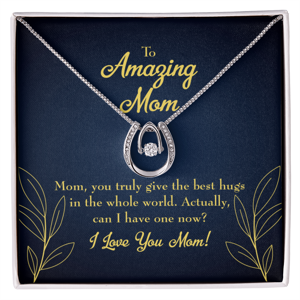 To Mom Best Hugs Lucky Horseshoe Necklace Message Card 14k w CZ Crystals-Express Your Love Gifts