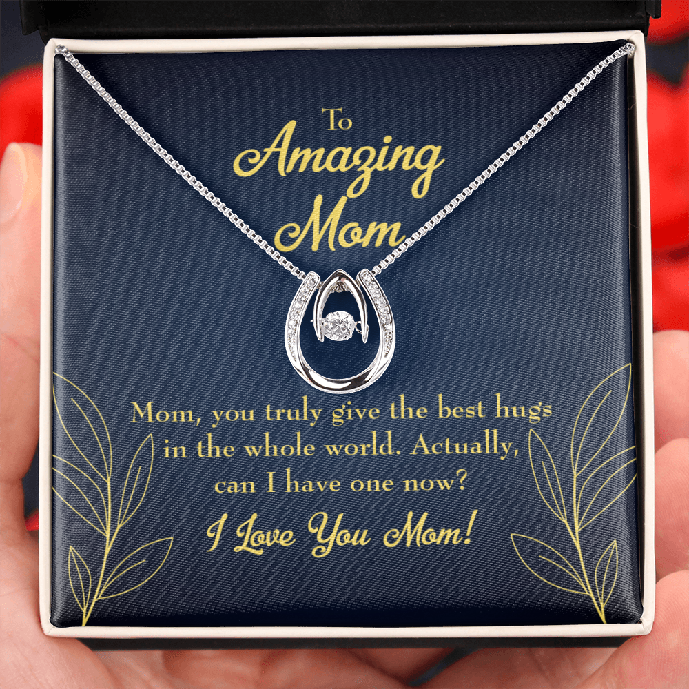 To Mom Best Hugs Lucky Horseshoe Necklace Message Card 14k w CZ Crystals-Express Your Love Gifts