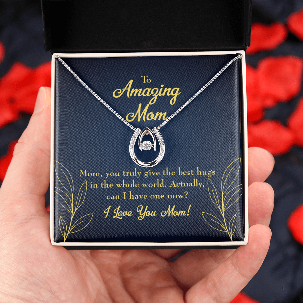 To Mom Best Hugs Lucky Horseshoe Necklace Message Card 14k w CZ Crystals-Express Your Love Gifts