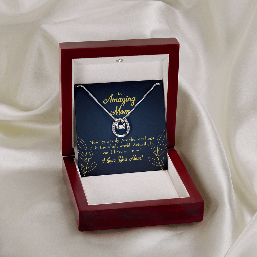 To Mom Best Hugs Lucky Horseshoe Necklace Message Card 14k w CZ Crystals-Express Your Love Gifts