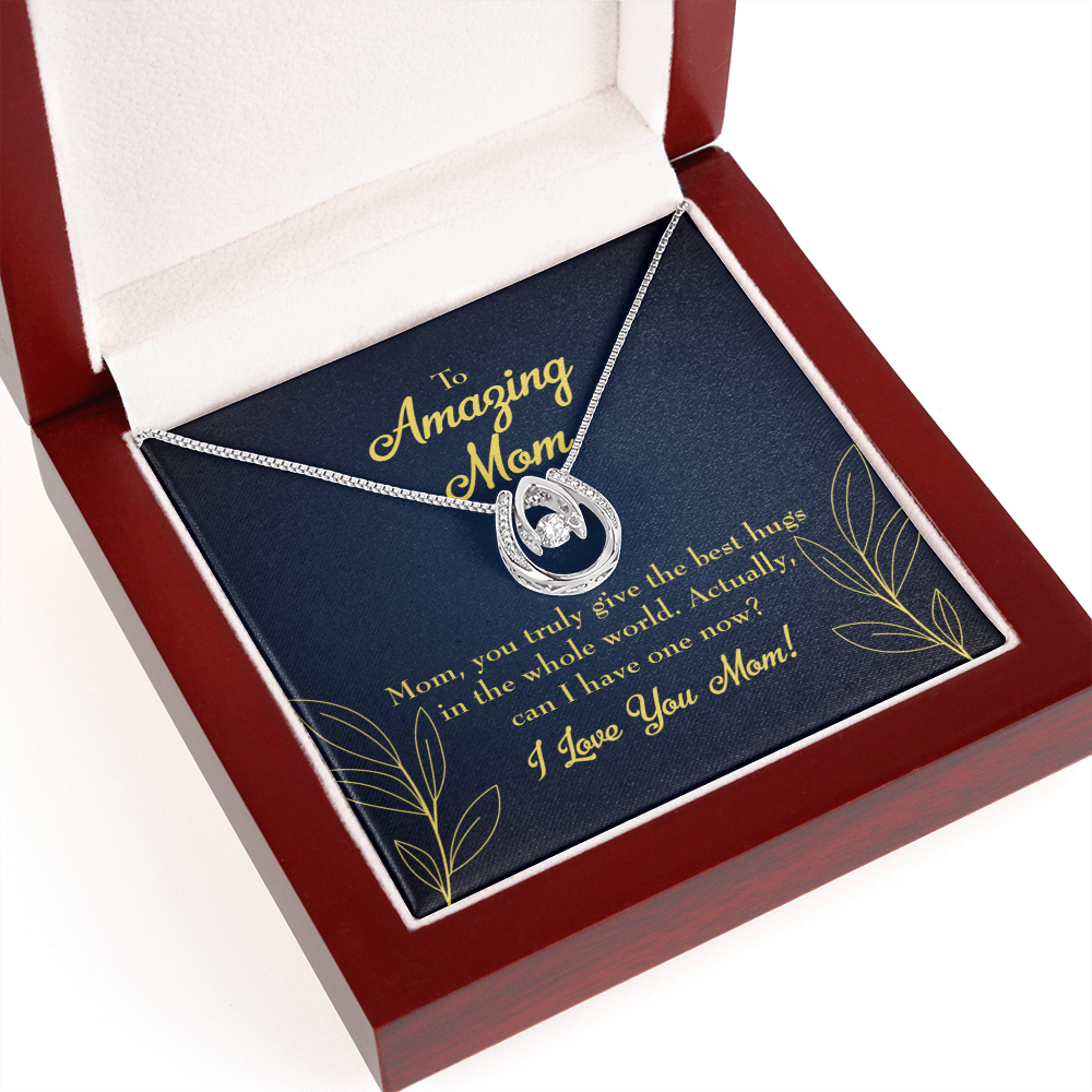 To Mom Best Hugs Lucky Horseshoe Necklace Message Card 14k w CZ Crystals-Express Your Love Gifts