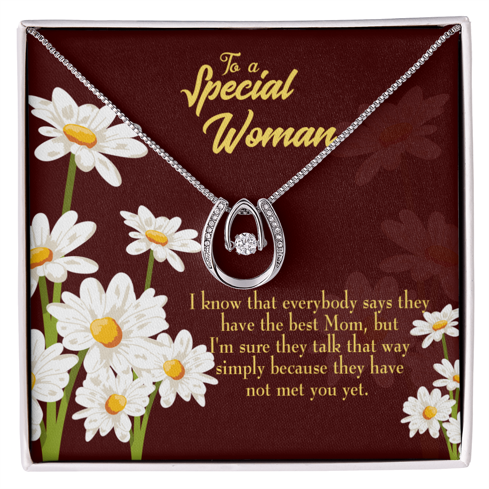 To Mom Everybody Lucky Horseshoe Necklace Message Card 14k w CZ Crystals-Express Your Love Gifts