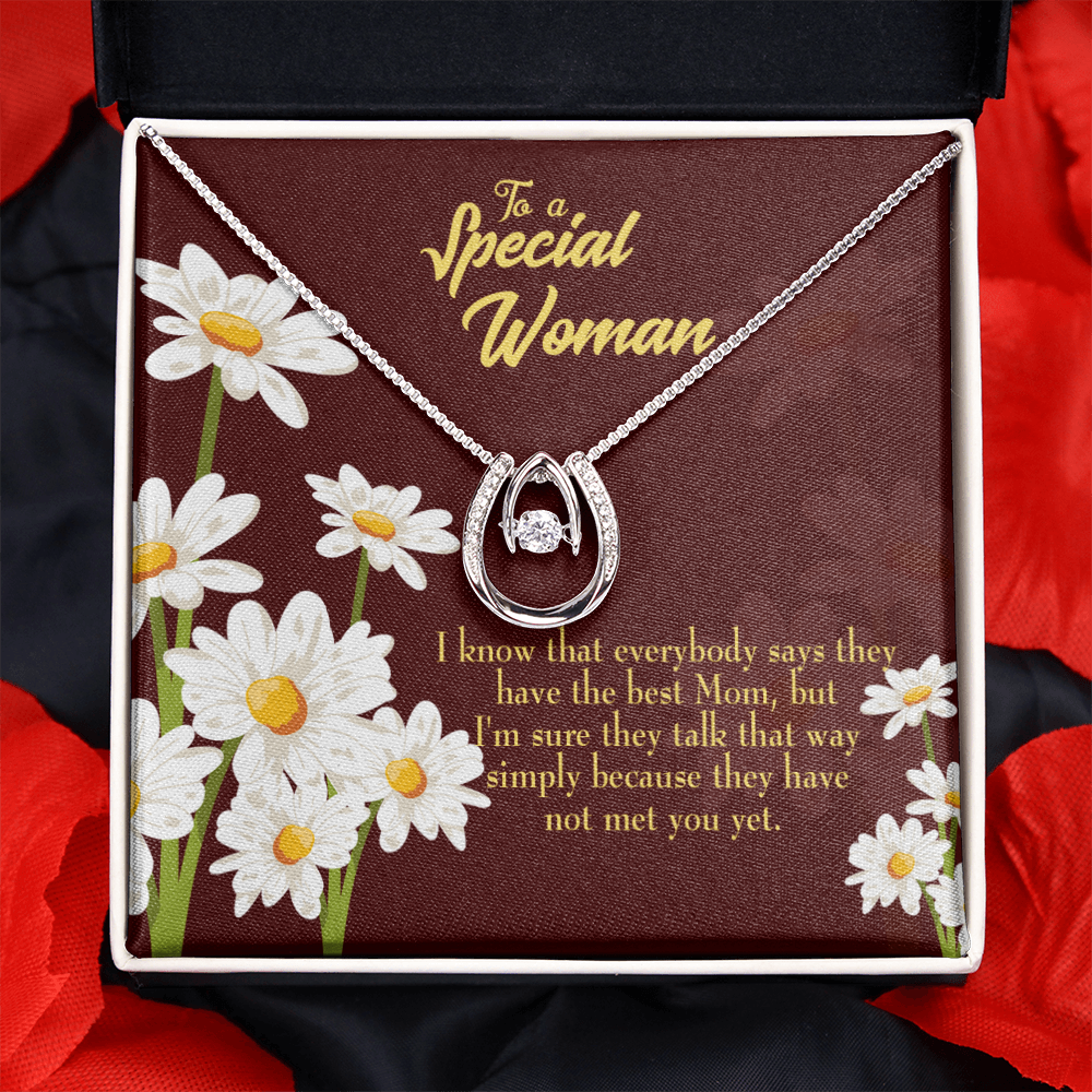 To Mom Everybody Lucky Horseshoe Necklace Message Card 14k w CZ Crystals-Express Your Love Gifts