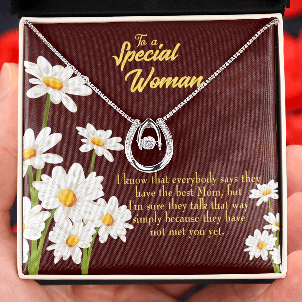 To Mom Everybody Lucky Horseshoe Necklace Message Card 14k w CZ Crystals-Express Your Love Gifts