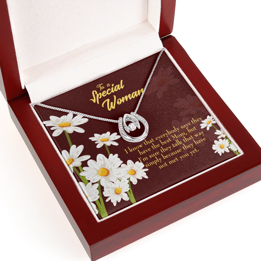 To Mom Everybody Lucky Horseshoe Necklace Message Card 14k w CZ Crystals-Express Your Love Gifts