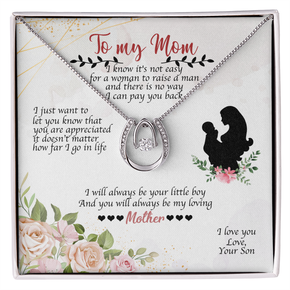 To Mom From Son Always Your Little Boy Lucky Horseshoe Necklace Message Card 14k w CZ Crystals-Express Your Love Gifts