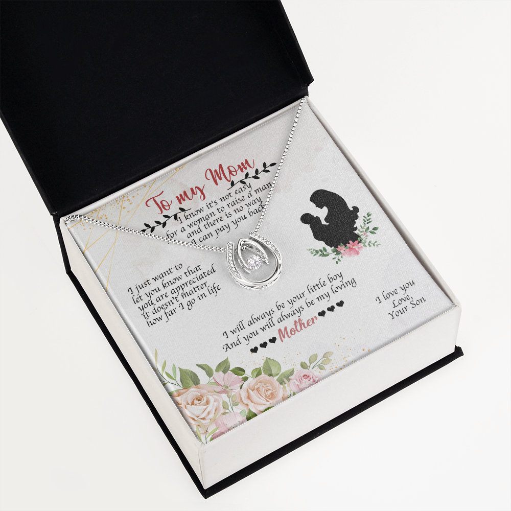 To Mom From Son Always Your Little Boy Lucky Horseshoe Necklace Message Card 14k w CZ Crystals-Express Your Love Gifts