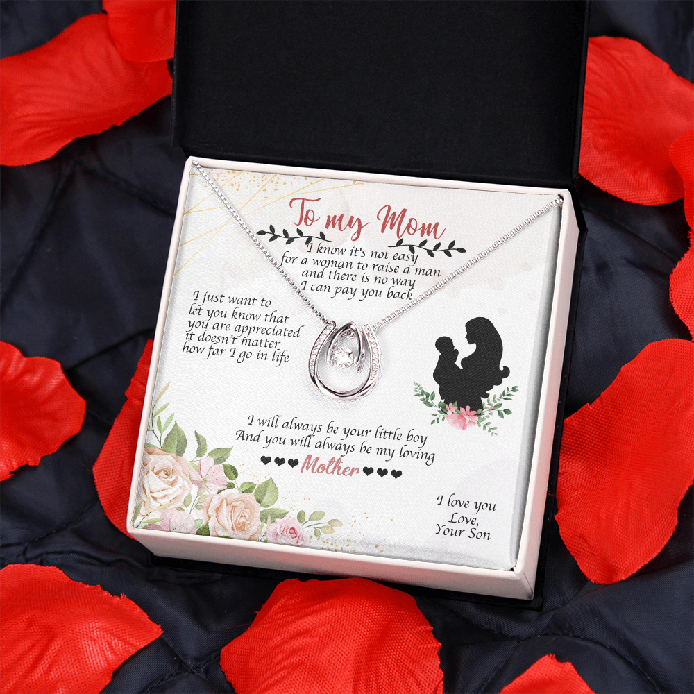 To Mom From Son Always Your Little Boy Lucky Horseshoe Necklace Message Card 14k w CZ Crystals-Express Your Love Gifts