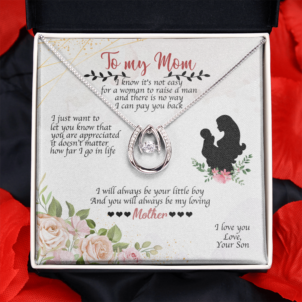 To Mom From Son Always Your Little Boy Lucky Horseshoe Necklace Message Card 14k w CZ Crystals-Express Your Love Gifts