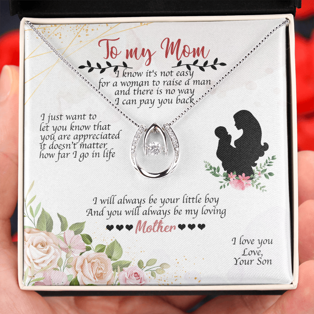 To Mom From Son Always Your Little Boy Lucky Horseshoe Necklace Message Card 14k w CZ Crystals-Express Your Love Gifts