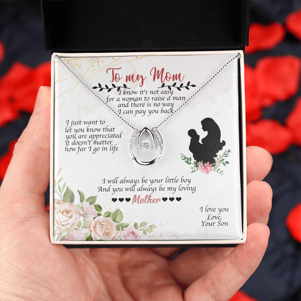 To Mom From Son Always Your Little Boy Lucky Horseshoe Necklace Message Card 14k w CZ Crystals-Express Your Love Gifts