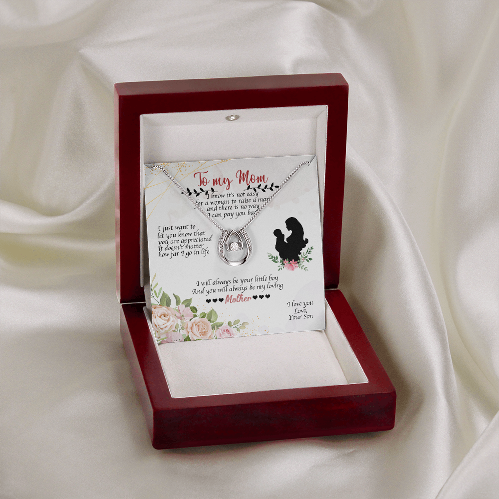 To Mom From Son Always Your Little Boy Lucky Horseshoe Necklace Message Card 14k w CZ Crystals-Express Your Love Gifts