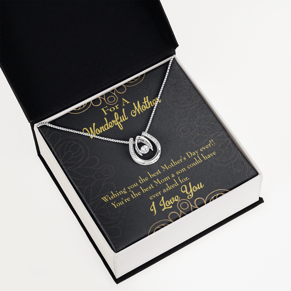 To Mom from Son Wishing You Lucky Horseshoe Necklace Message Card 14k w CZ Crystals-Express Your Love Gifts