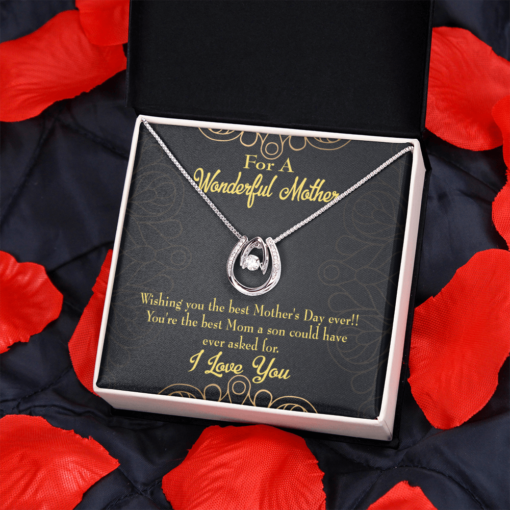 To Mom from Son Wishing You Lucky Horseshoe Necklace Message Card 14k w CZ Crystals-Express Your Love Gifts