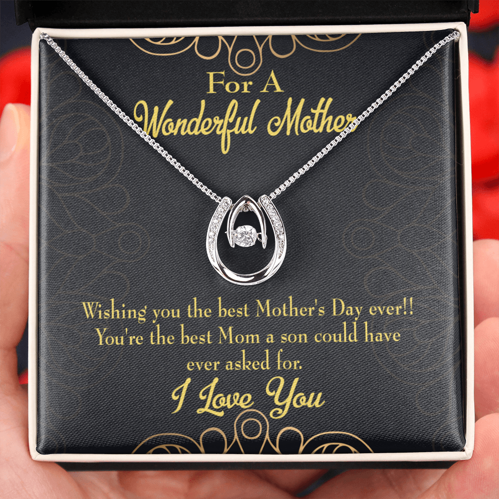 To Mom from Son Wishing You Lucky Horseshoe Necklace Message Card 14k w CZ Crystals-Express Your Love Gifts