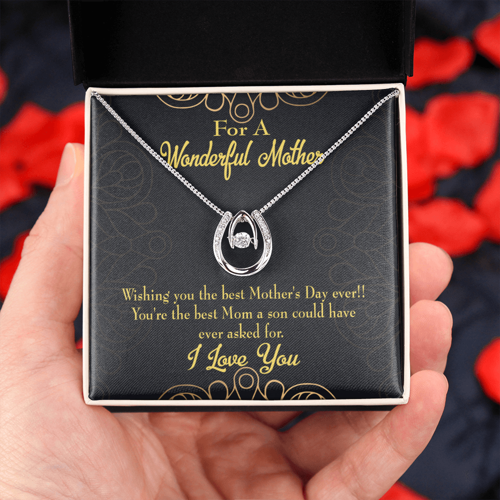 To Mom from Son Wishing You Lucky Horseshoe Necklace Message Card 14k w CZ Crystals-Express Your Love Gifts