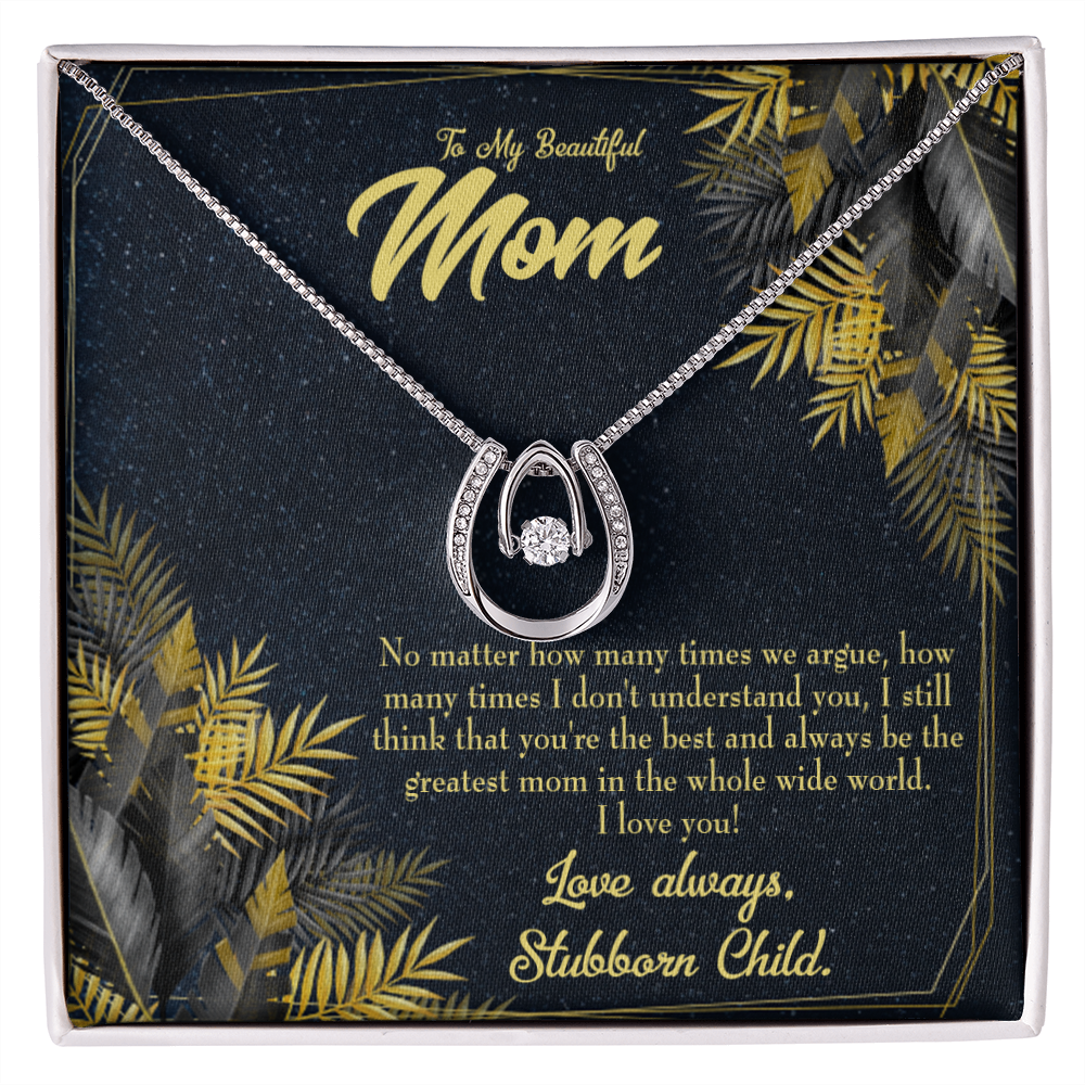 To Mom From Stubborn Child Always Lucky Horseshoe Necklace Message Card 14k w CZ Crystals-Express Your Love Gifts