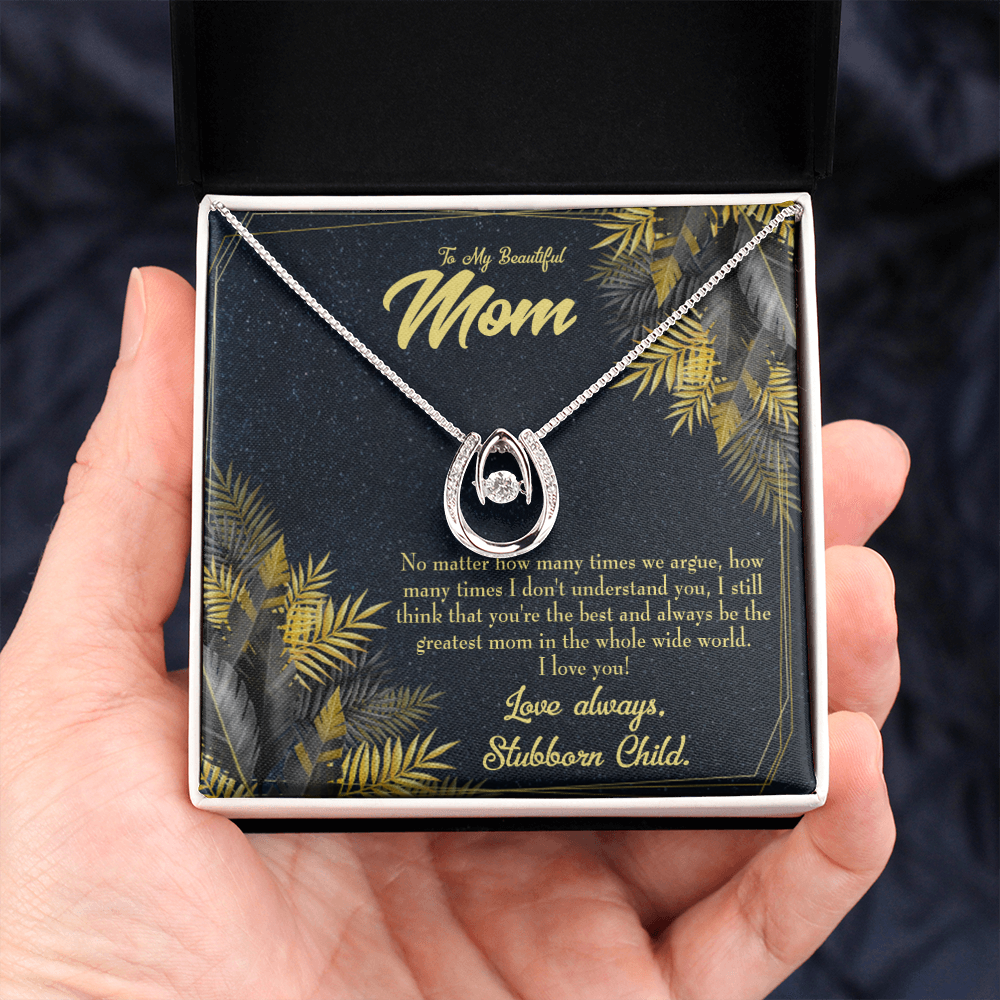 To Mom From Stubborn Child Always Lucky Horseshoe Necklace Message Card 14k w CZ Crystals-Express Your Love Gifts