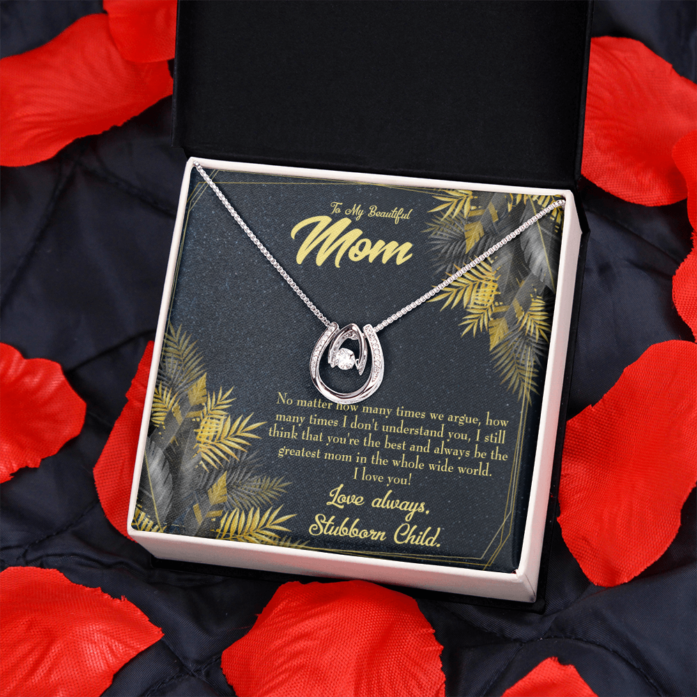 To Mom From Stubborn Child Always Lucky Horseshoe Necklace Message Card 14k w CZ Crystals-Express Your Love Gifts